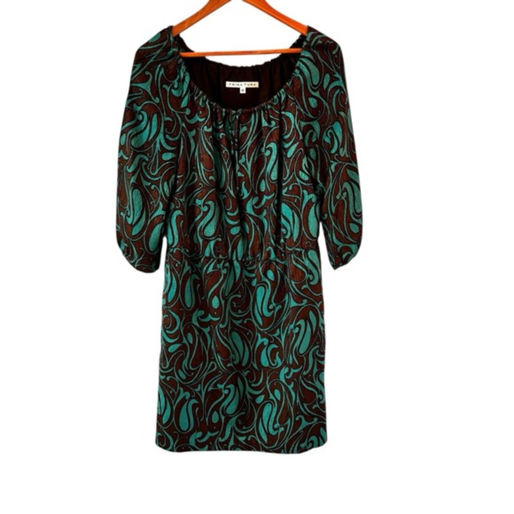 Trina Turk Silk Geometric Mini Dress Womens Size 6 Turquoise Brown Resort Beach